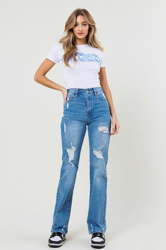 High Waist Distressed Front Straight Leg Jeans