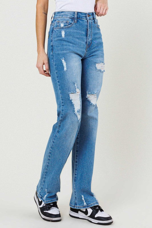 High Waist Distressed Front Straight Leg Jeans
