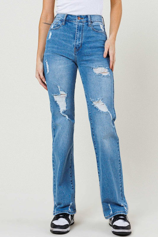High Waist Distressed Front Straight Leg Jeans