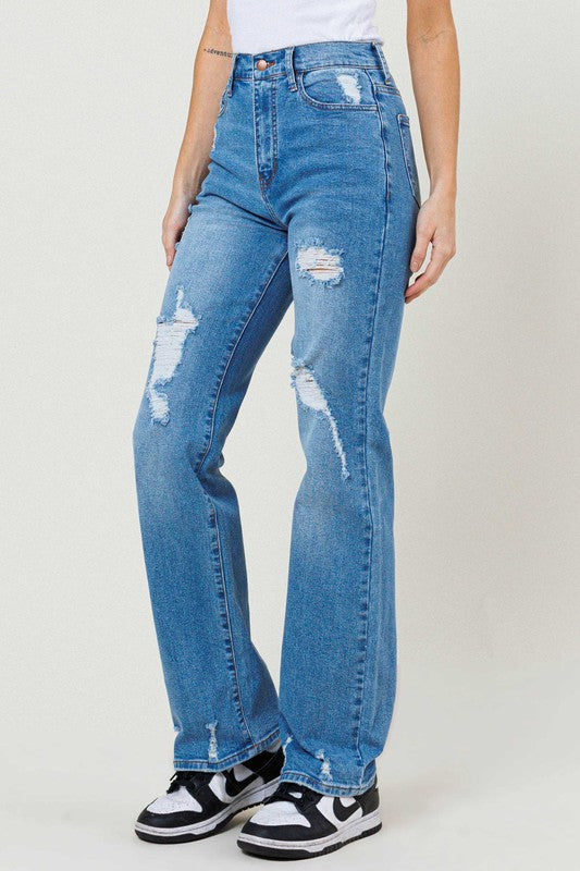 High Waist Distressed Front Straight Leg Jeans