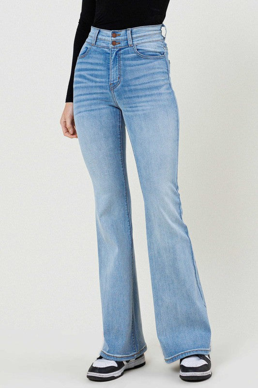 High Rise Whisker Wash Flare Jeans
