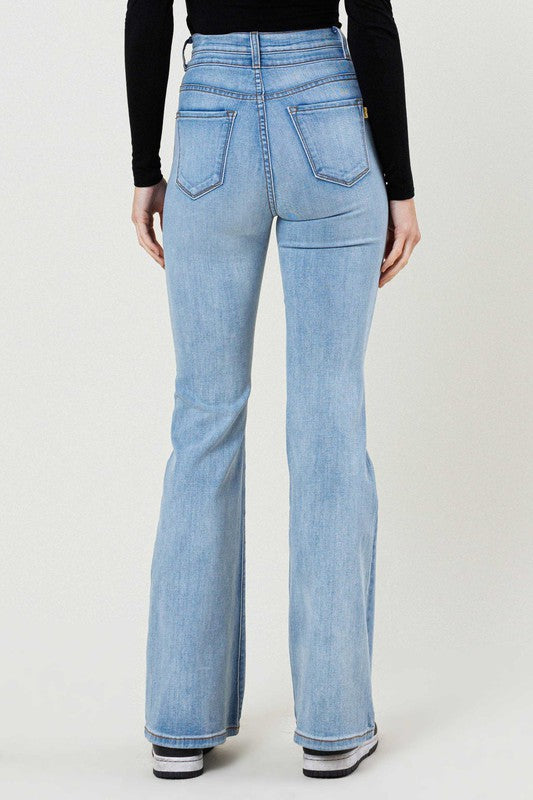 High Rise Whisker Wash Flare Jeans