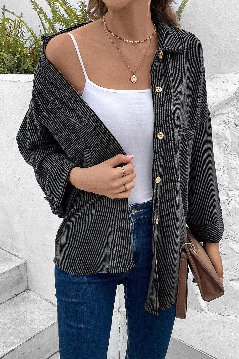 Dropped Shoulder Long Sleeve Shirt with Pockets