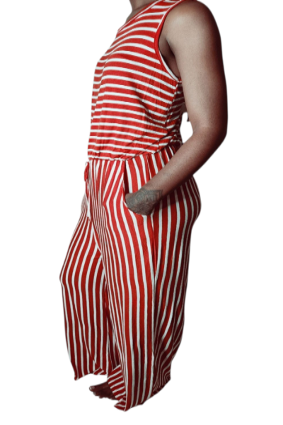 Red and white striped jumpsuit on a white background.