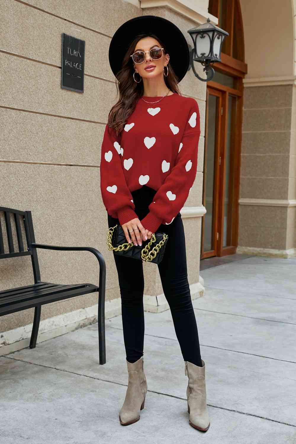 Heart Pattern Lantern Sleeve Sweater