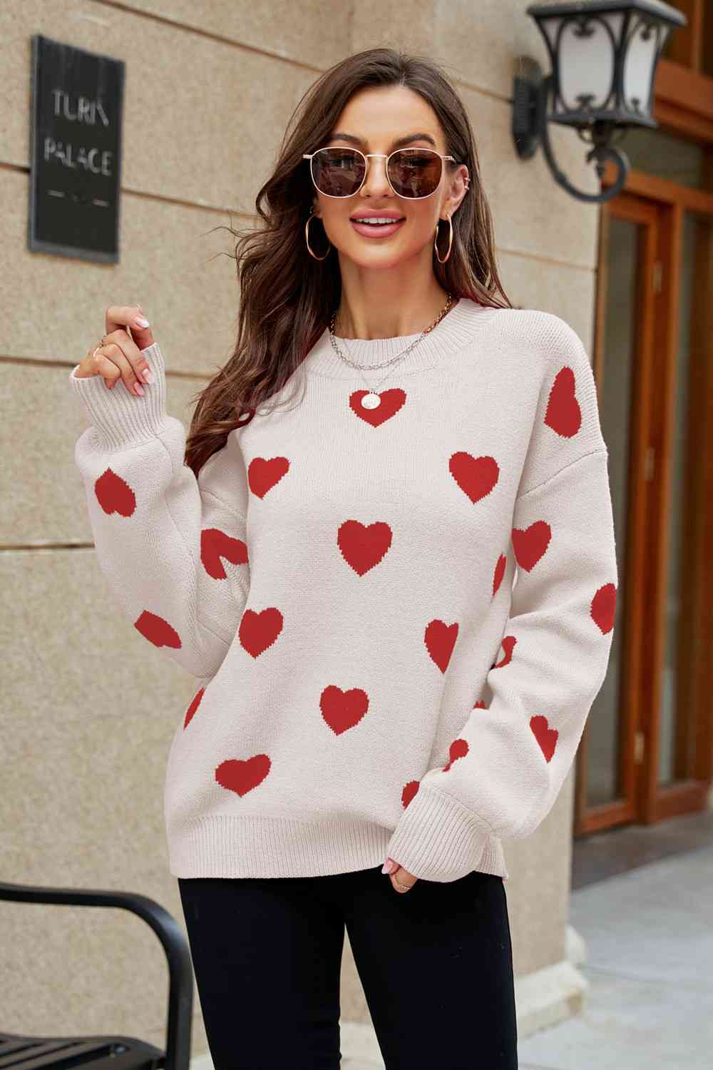 Heart Pattern Lantern Sleeve Sweater