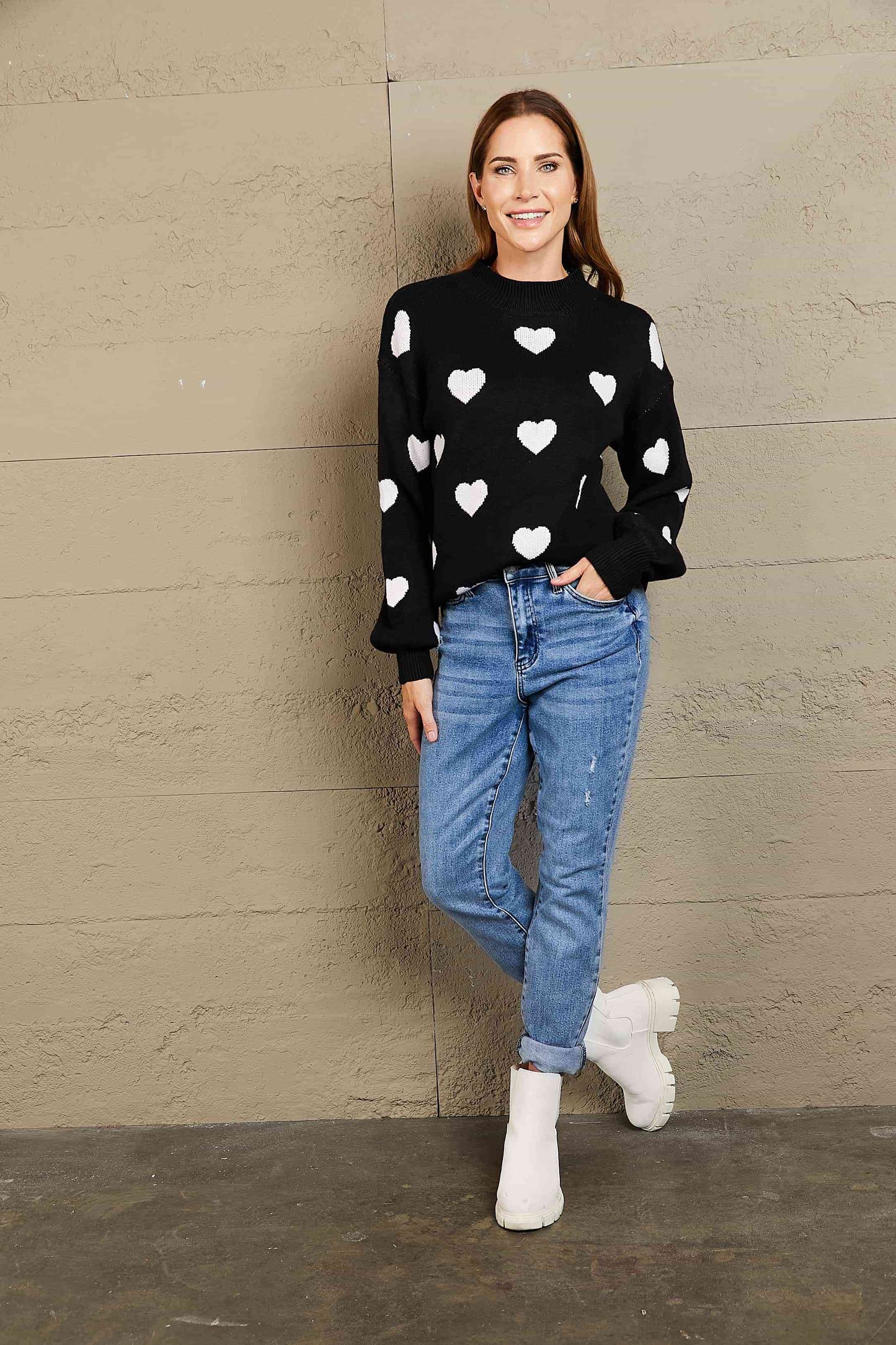 Heart Pattern Lantern Sleeve Sweater
