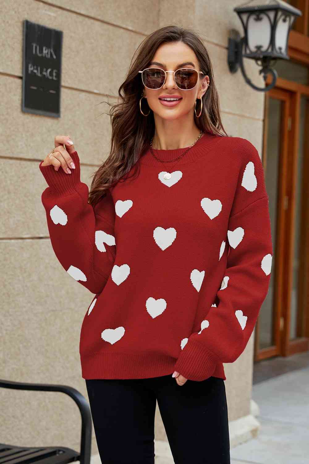 Heart Pattern Lantern Sleeve Sweater