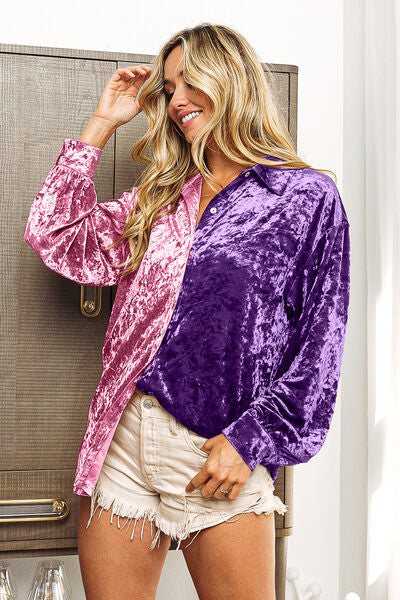 Contrast Color Button Up Long Sleeve Shirt