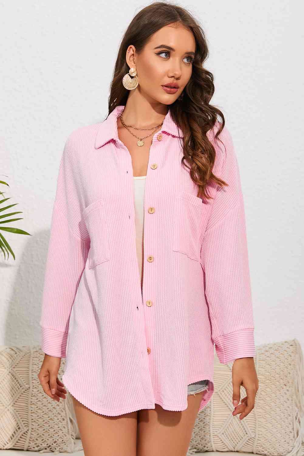 Dropped Shoulder Long Sleeve Shirt with Pockets