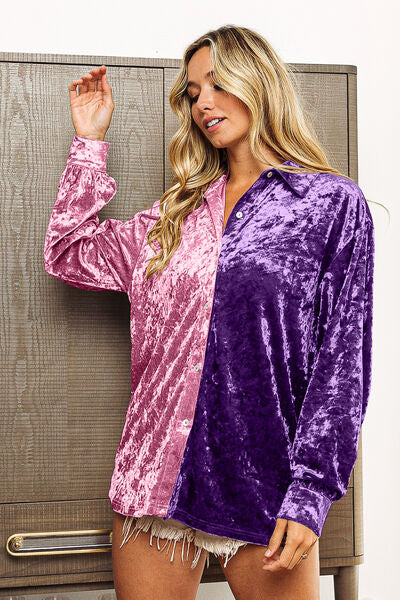 Contrast Color Button Up Long Sleeve Shirt
