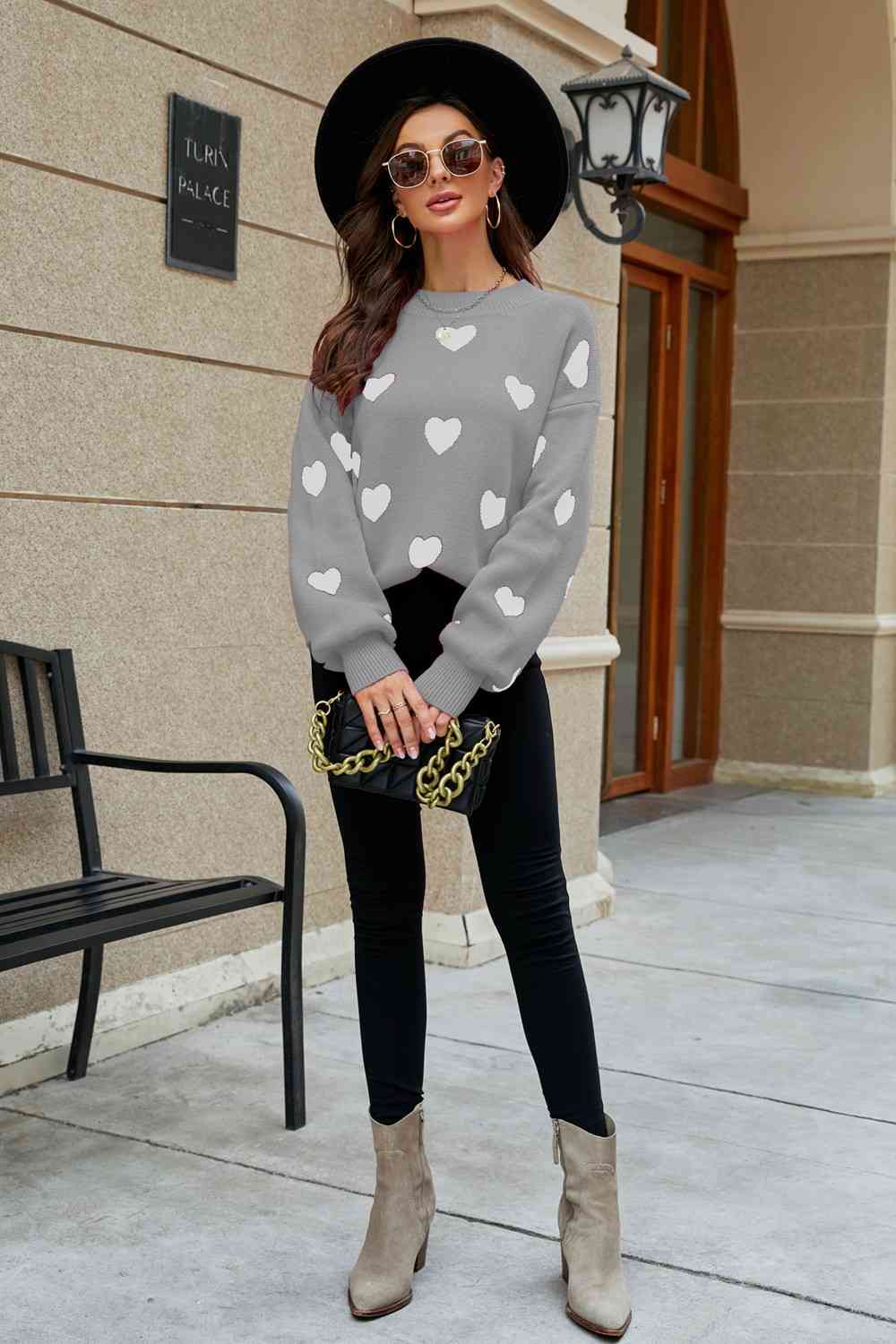 Heart Pattern Lantern Sleeve Sweater