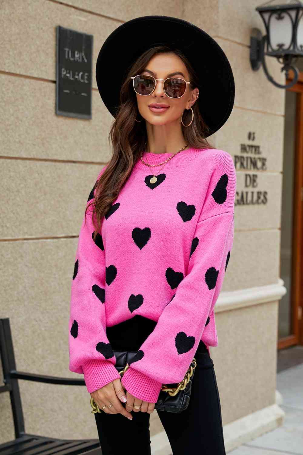 Heart Pattern Lantern Sleeve Sweater