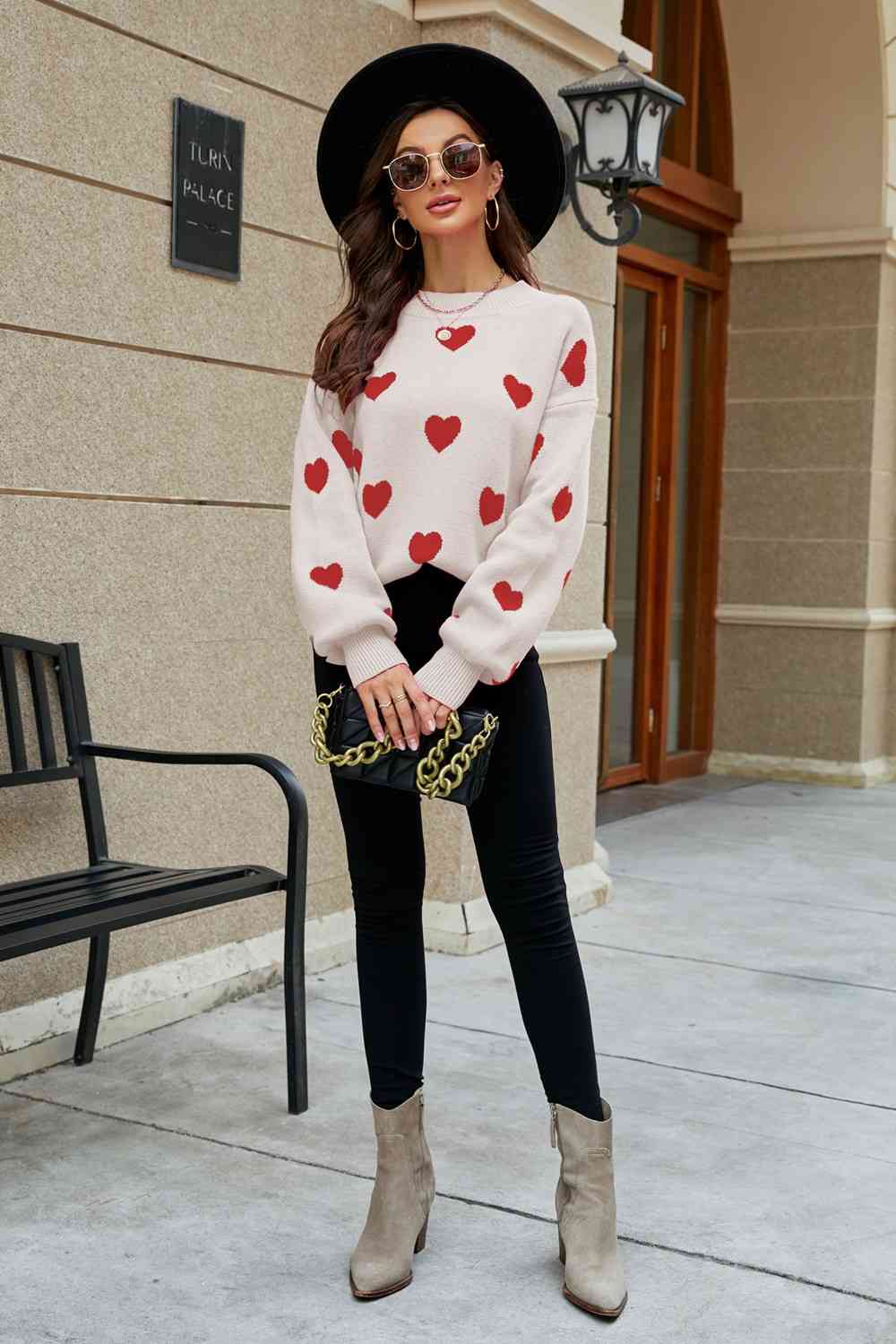 Heart Pattern Lantern Sleeve Sweater