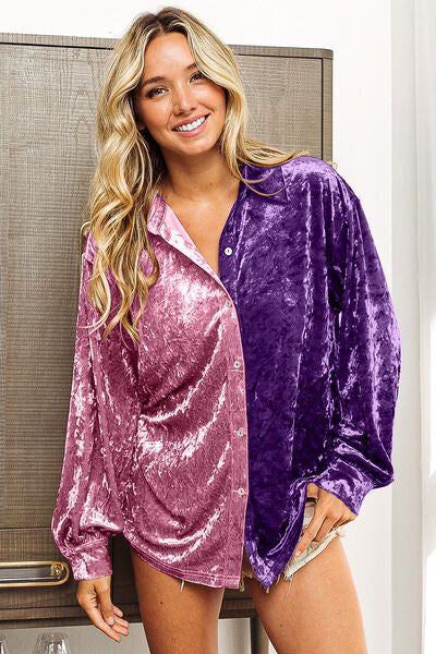 Contrast Color Button Up Long Sleeve Shirt
