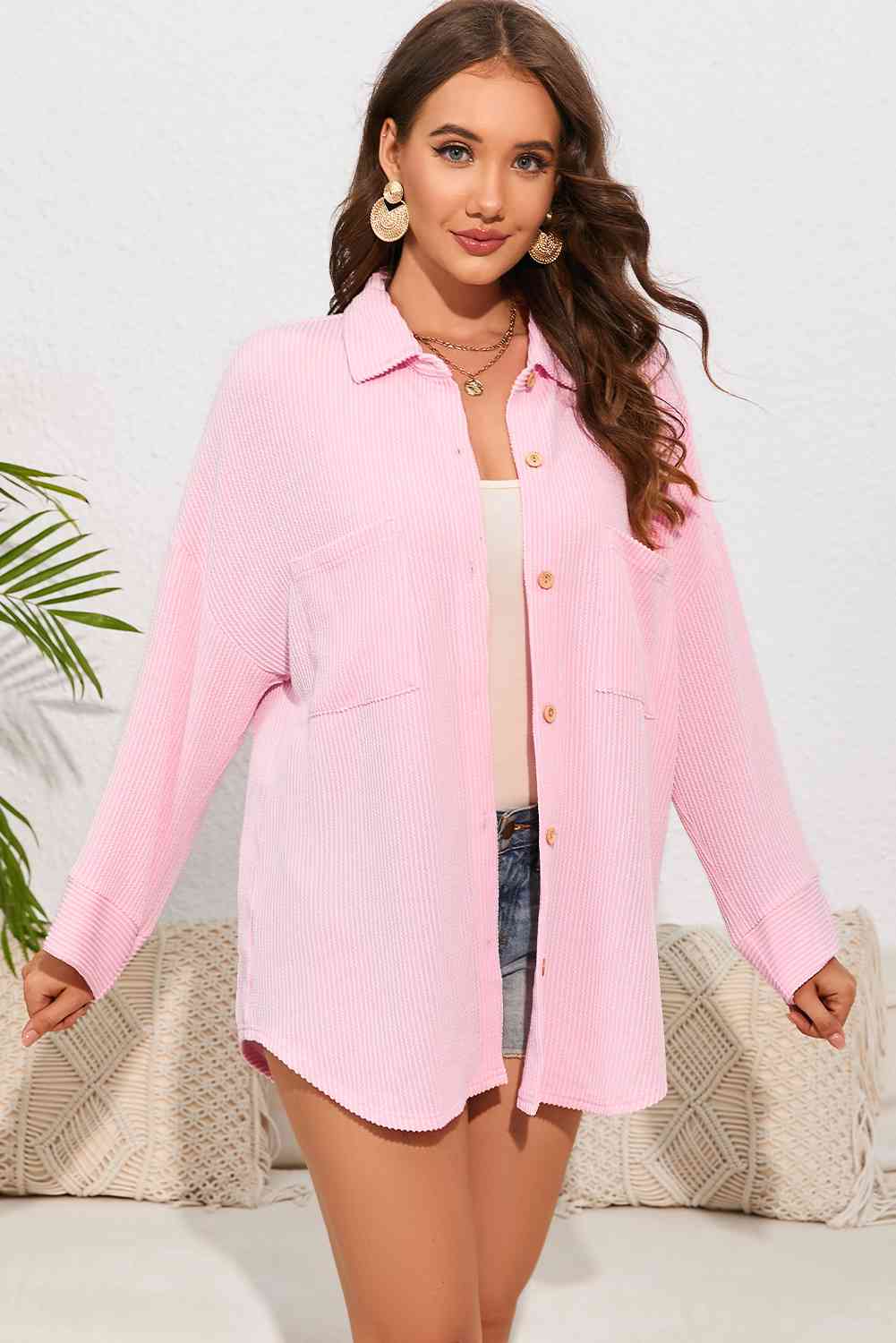 Dropped Shoulder Long Sleeve Shirt with Pockets