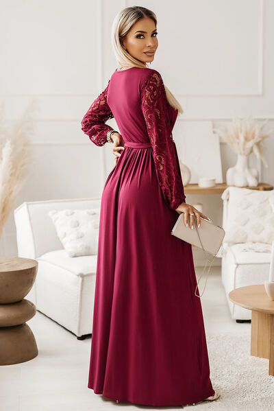 Tie-Waist Maxi Dress with Lace Sleeves