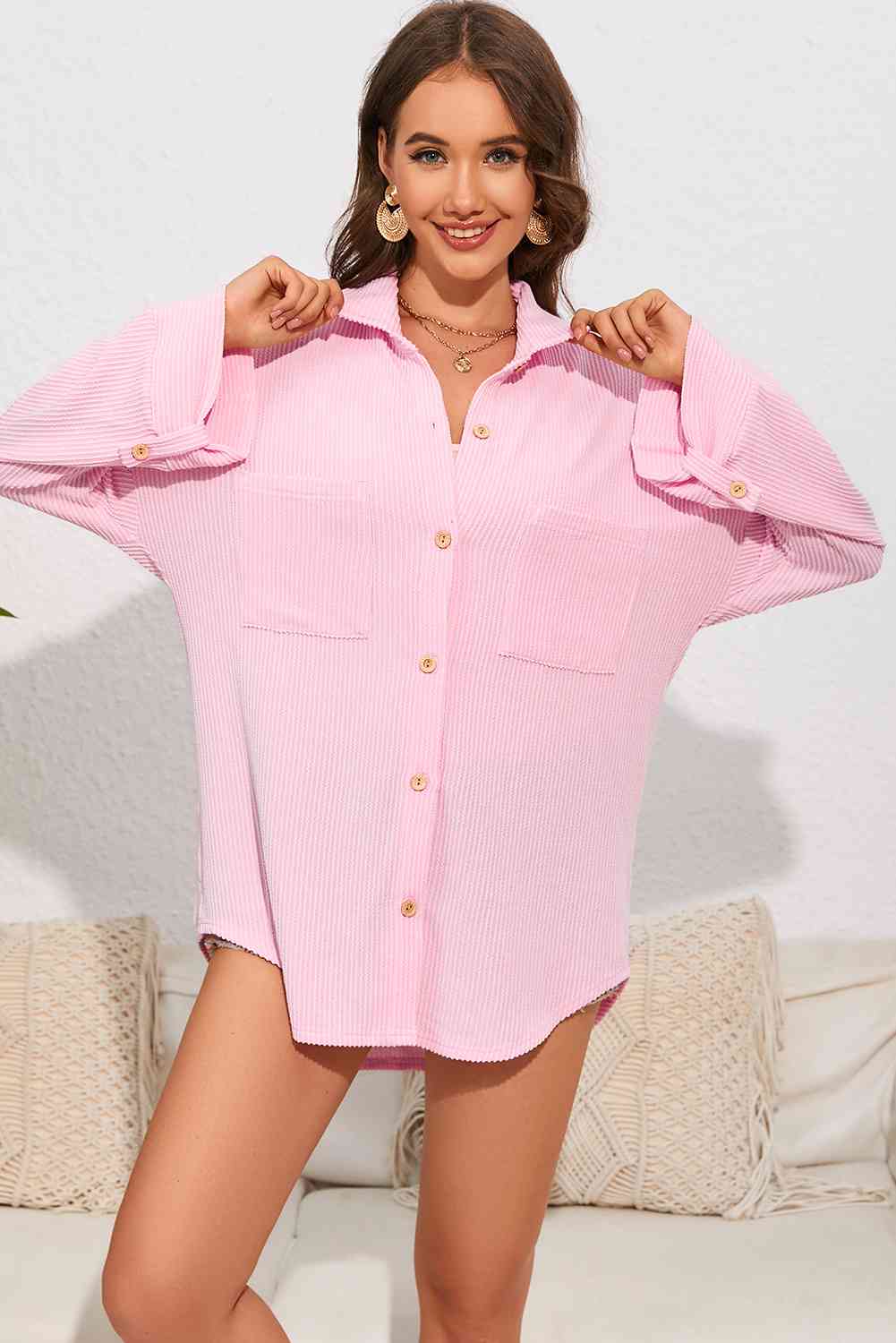 Dropped Shoulder Long Sleeve Shirt with Pockets