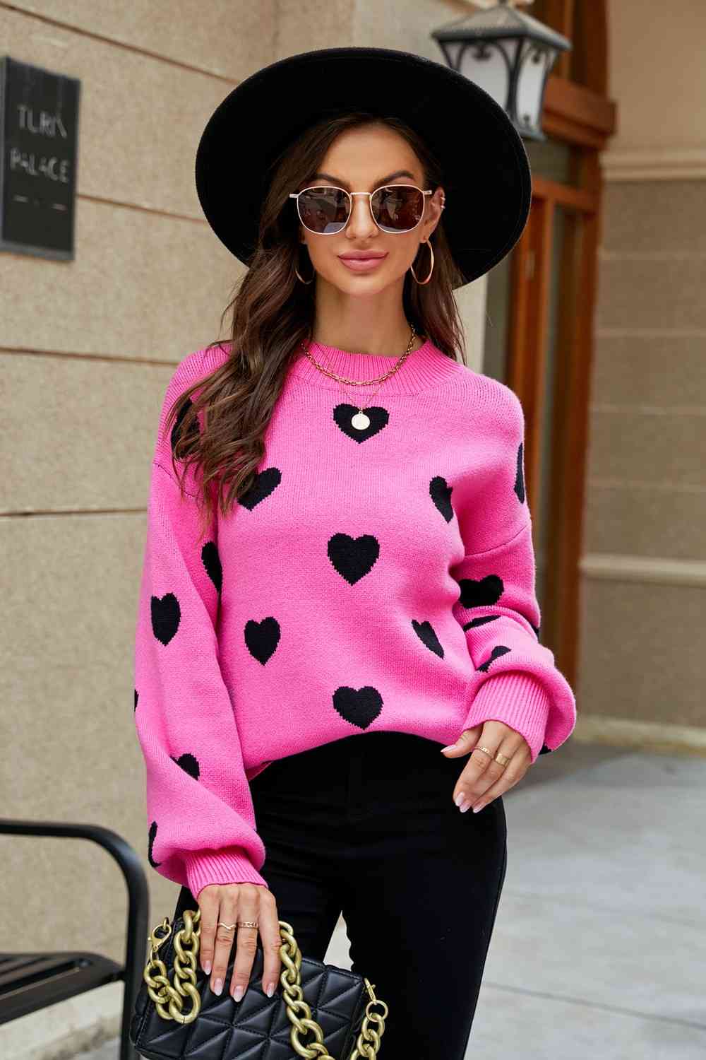 Heart Pattern Lantern Sleeve Sweater