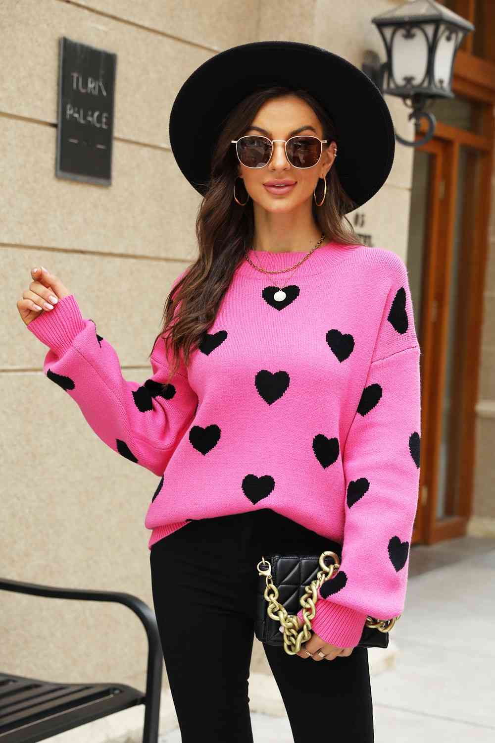 Heart Pattern Lantern Sleeve Sweater