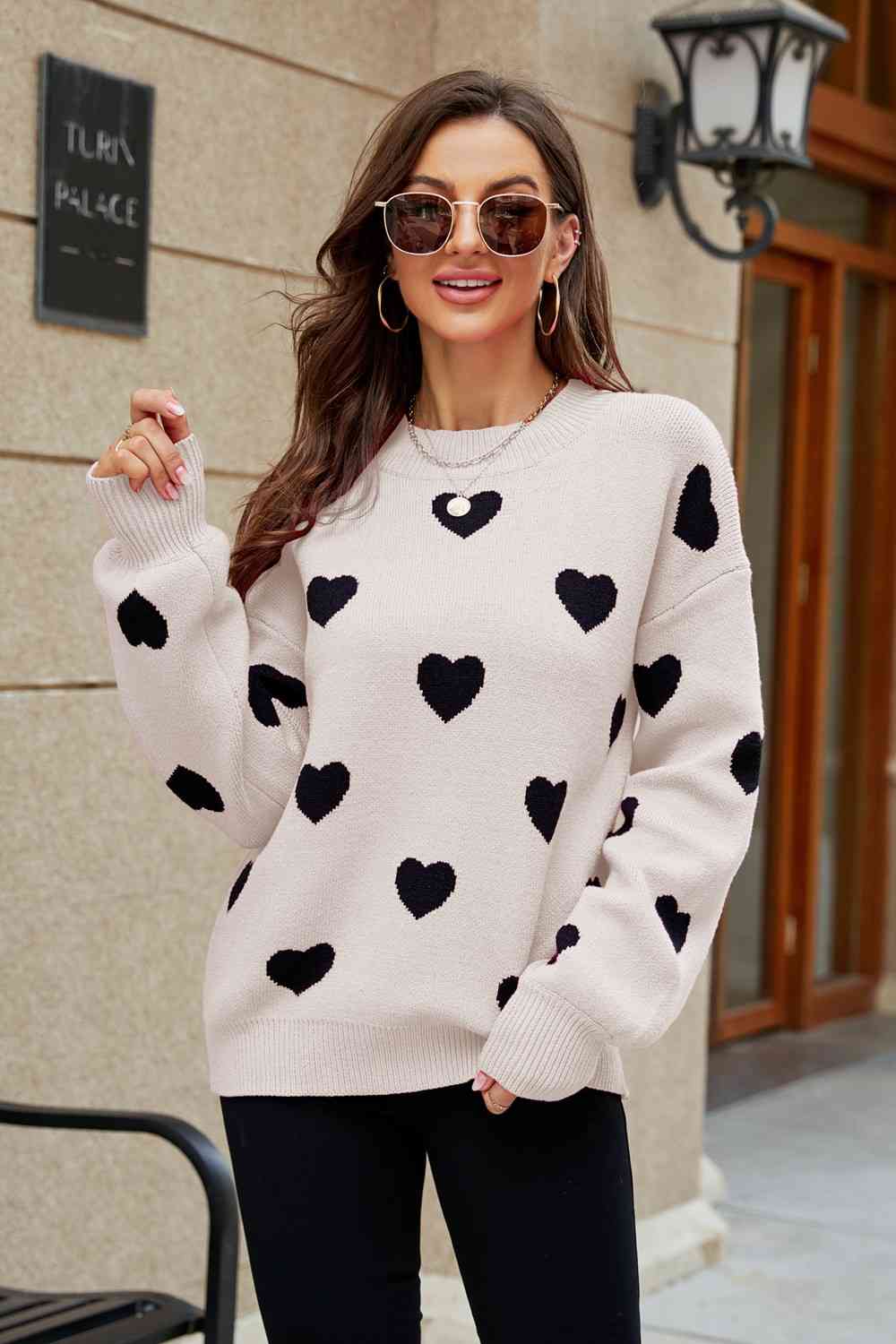 Heart Pattern Lantern Sleeve Sweater