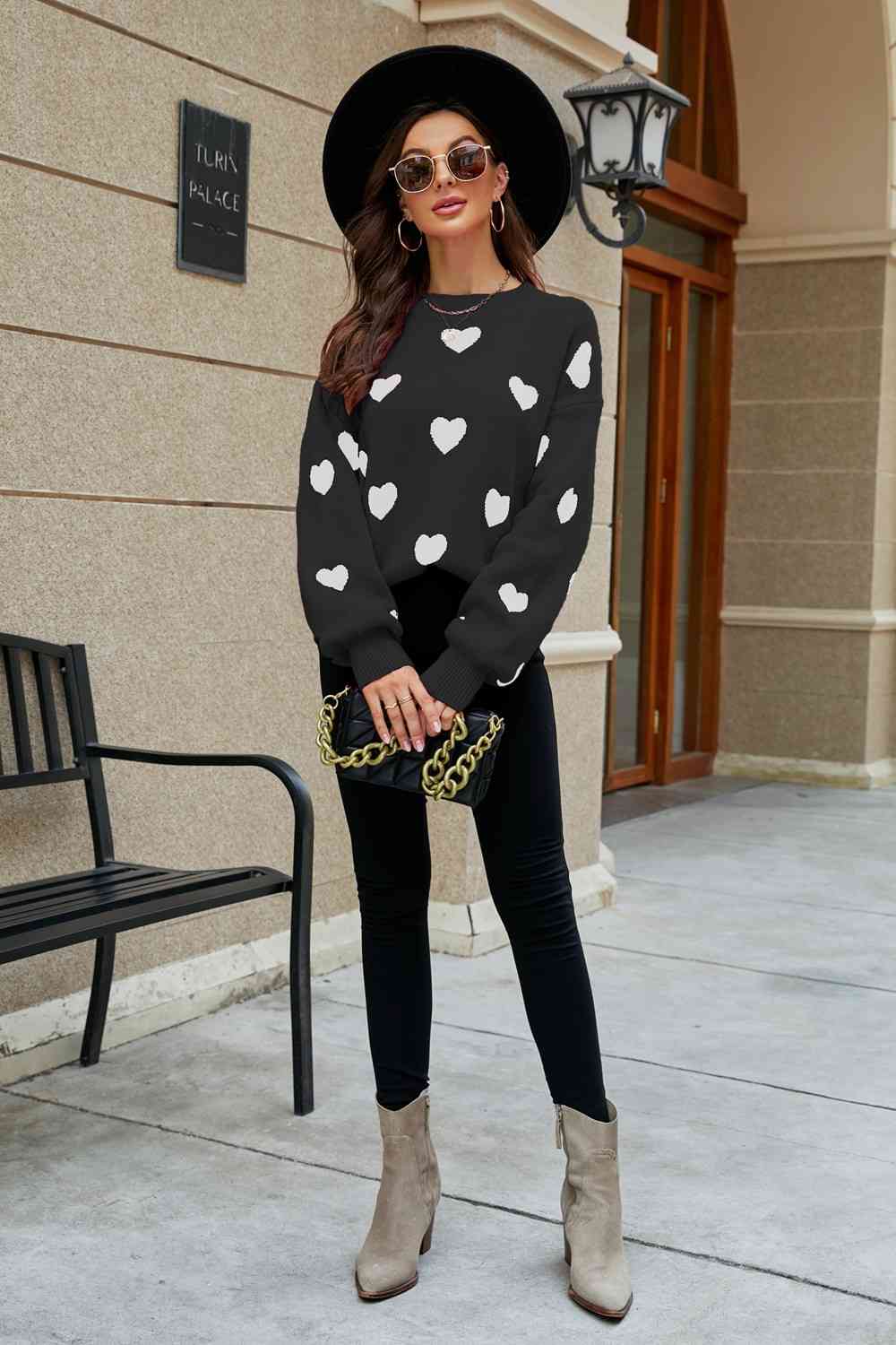 Heart Pattern Lantern Sleeve Sweater