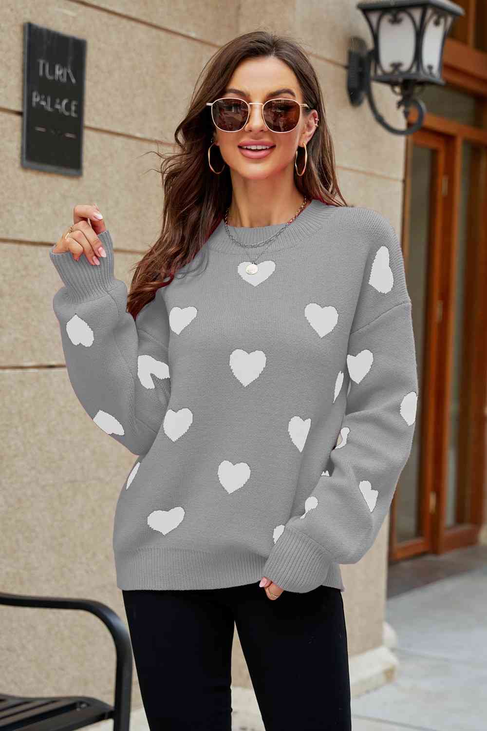 Heart Pattern Lantern Sleeve Sweater