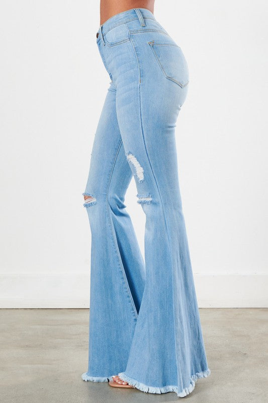 Distressed Whisker Wash Flare Jeans