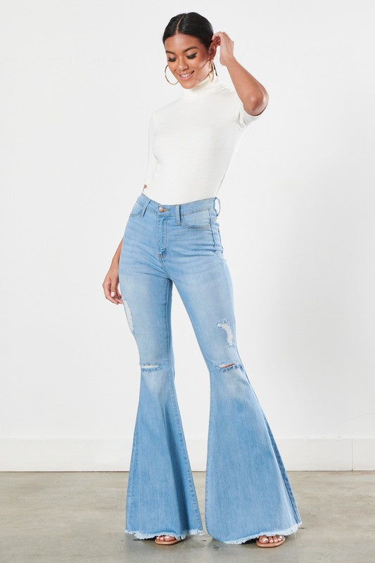 Distressed Whisker Wash Flare Jeans