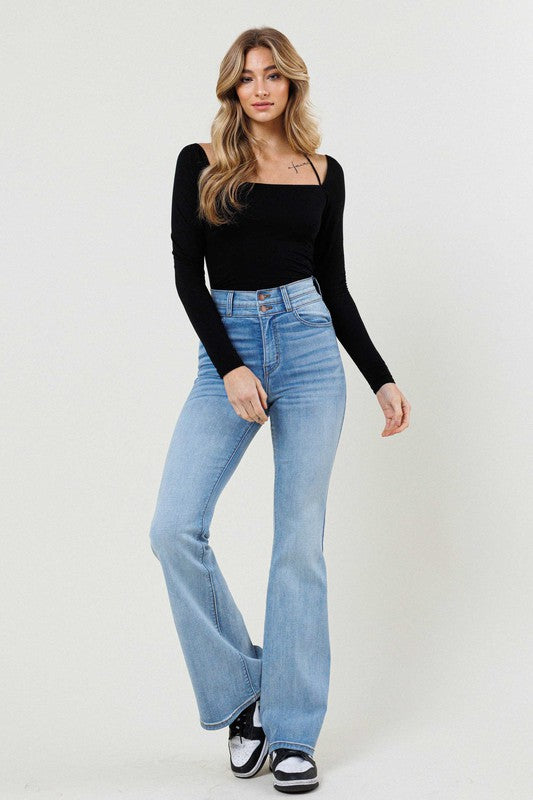 High Rise Whisker Wash Flare Jeans