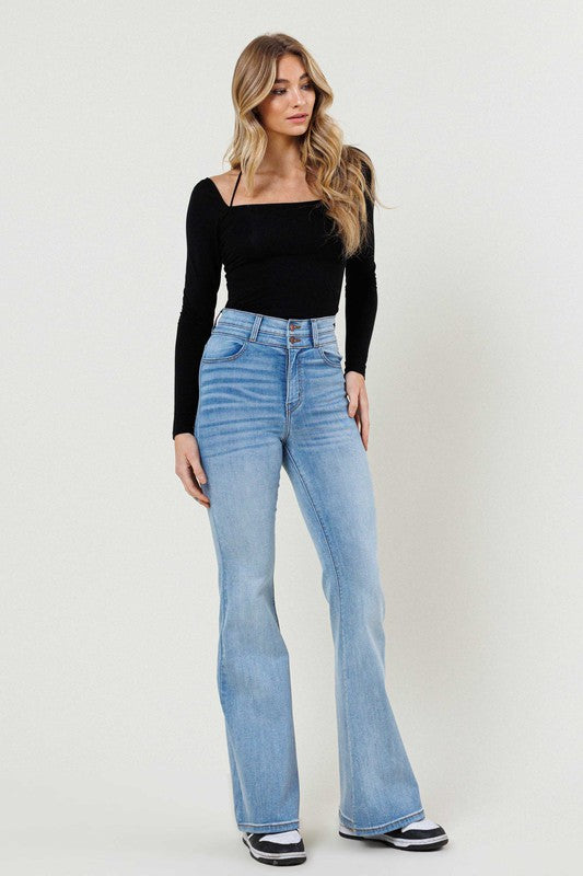 High Rise Whisker Wash Flare Jeans