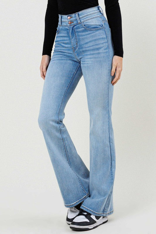 High Rise Whisker Wash Flare Jeans