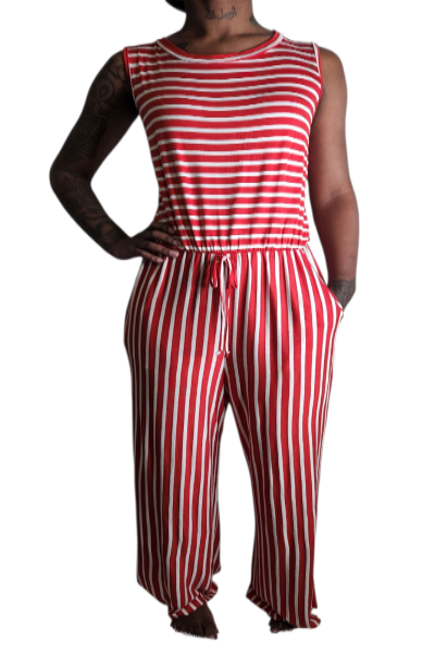Red and white striped jumpsuit worn by a person on a white background