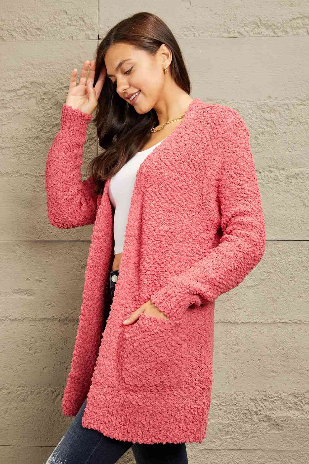 Falling For You Full Size Open Front Popcorn Cardigan
