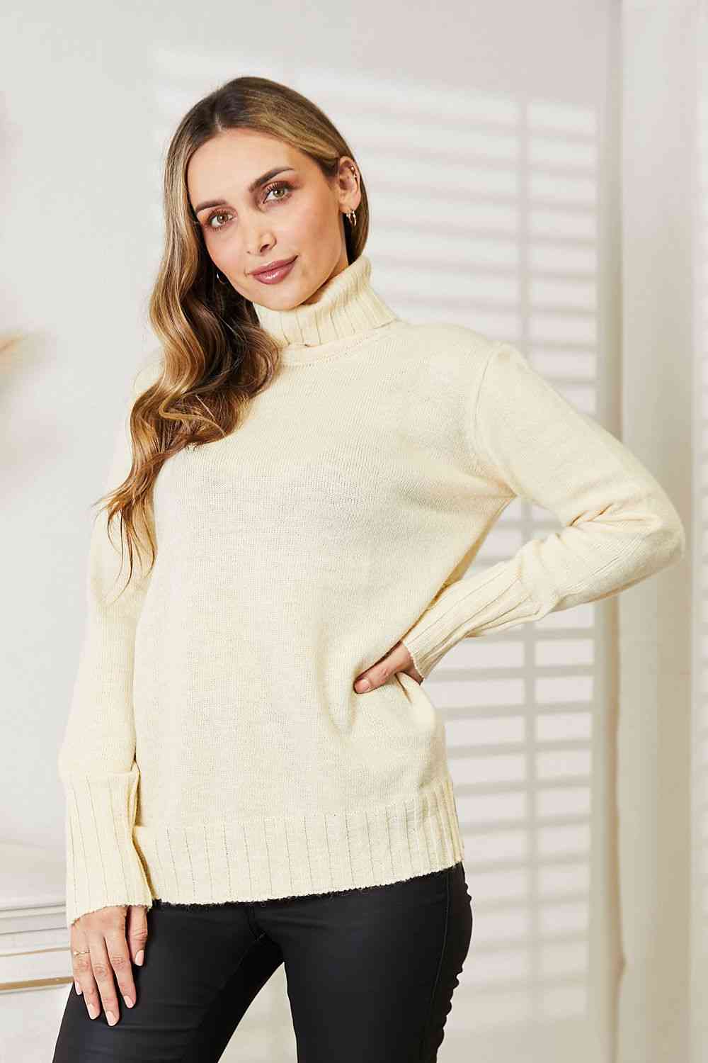 Long Sleeve Turtleneck Sweater with Side Slit