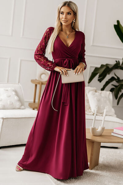 Tie-Waist Maxi Dress with Lace Sleeves