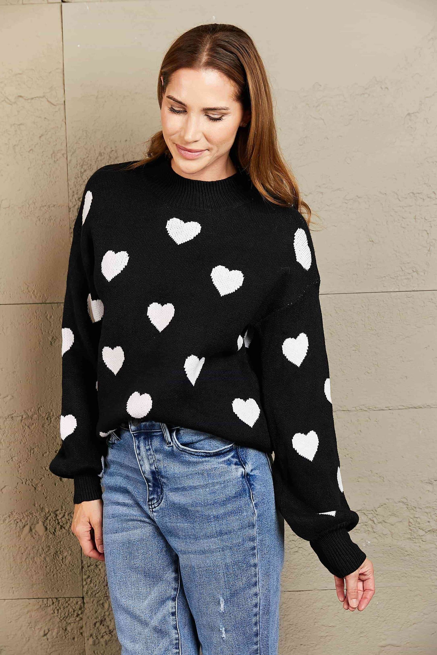 Heart Pattern Lantern Sleeve Sweater