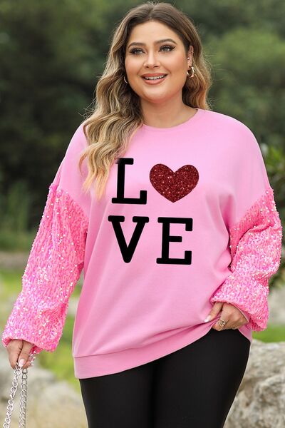 Plus Size LOVE Sequin Round Neck Sweatshirt