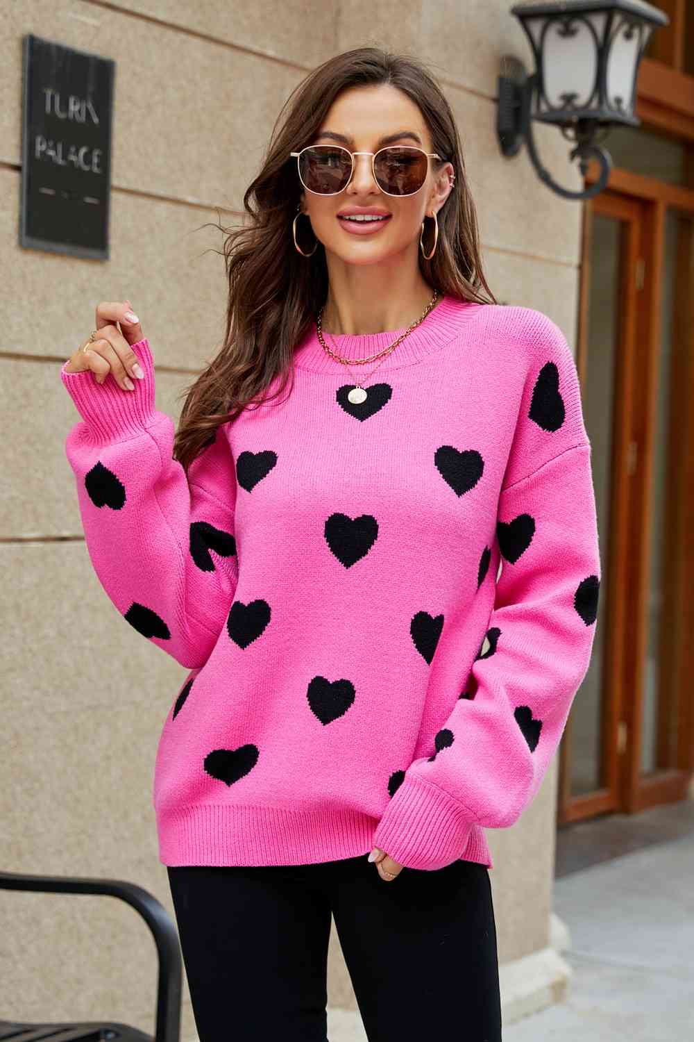 Heart Pattern Lantern Sleeve Sweater